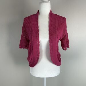 Y2K Pink Crochet Knit Bolero Shrug Cropped Cardigan Size Medium Pointelle Hot